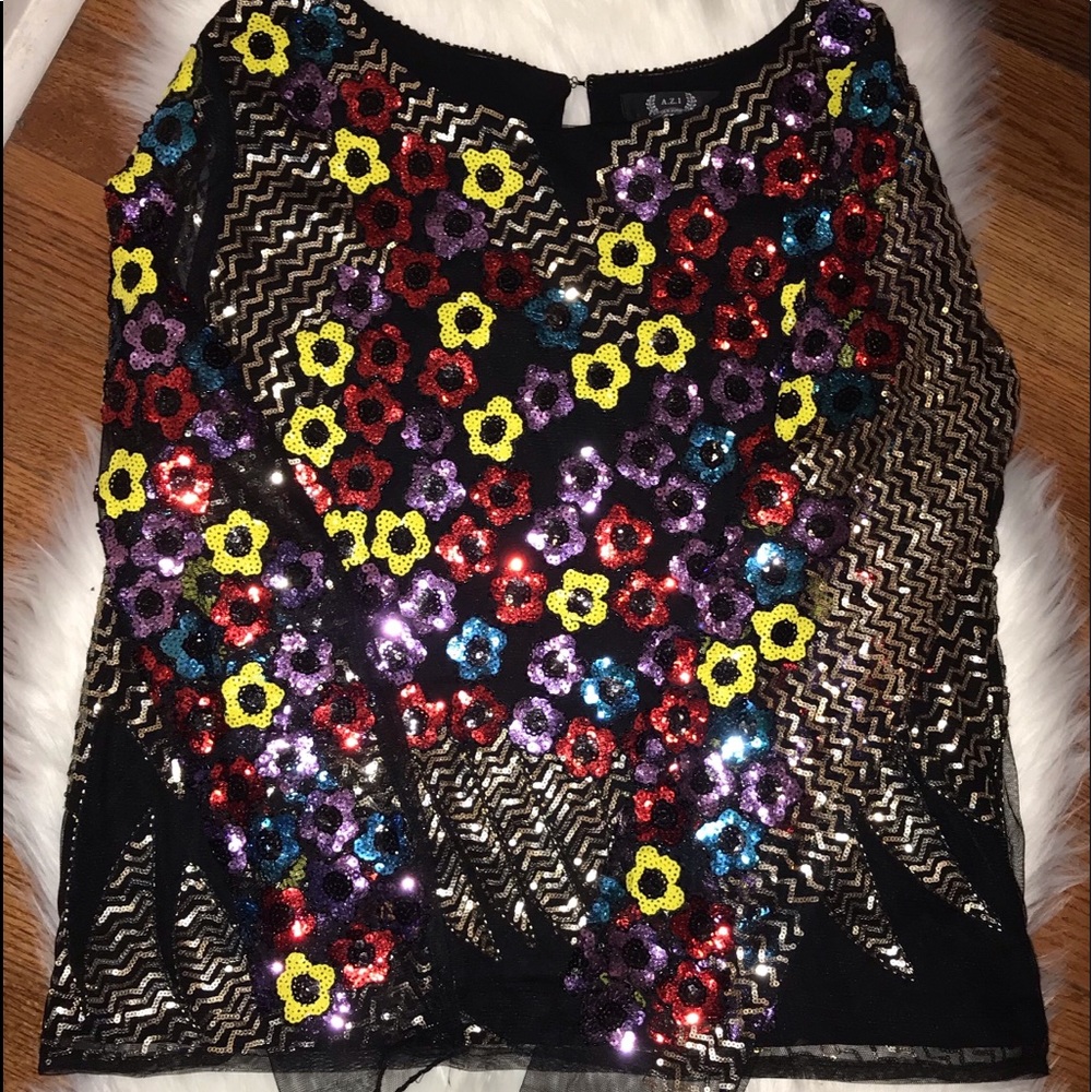 AZI Black Sequin Floral Sheer Long Sleeve